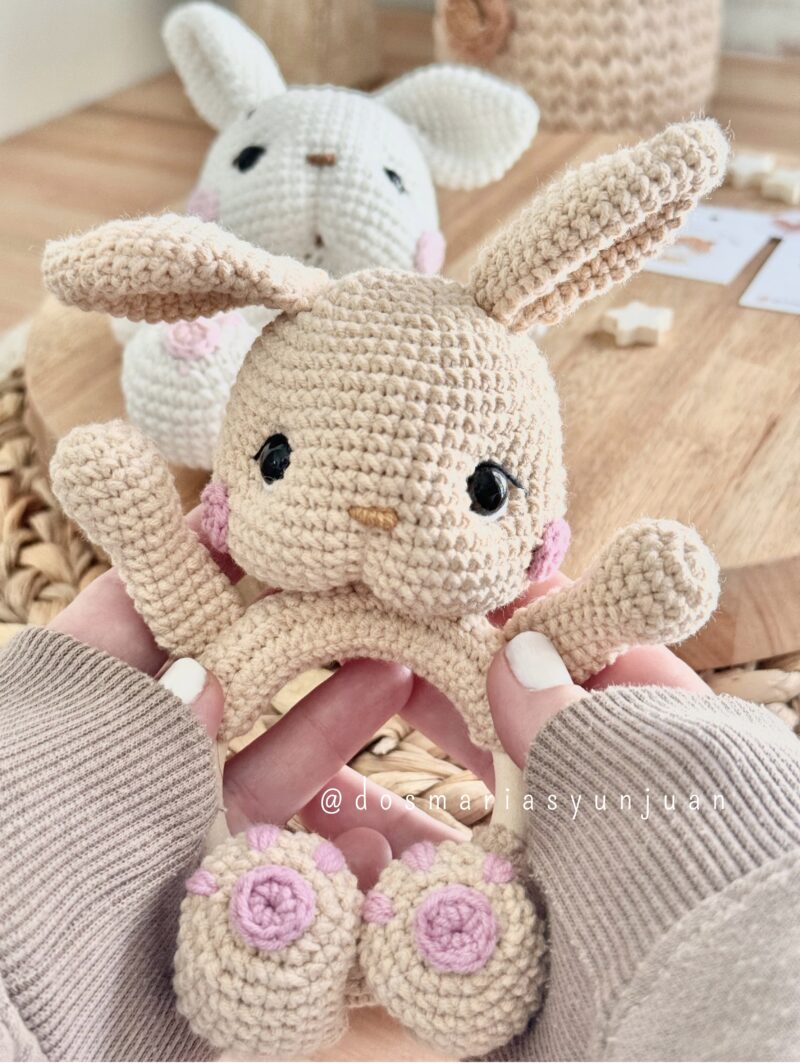 Crochet baby bunny rattle with open arms – handmade