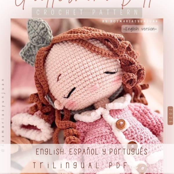 Guillermina crochet doll in a pink winter coat on a trilingual PDF pattern cover