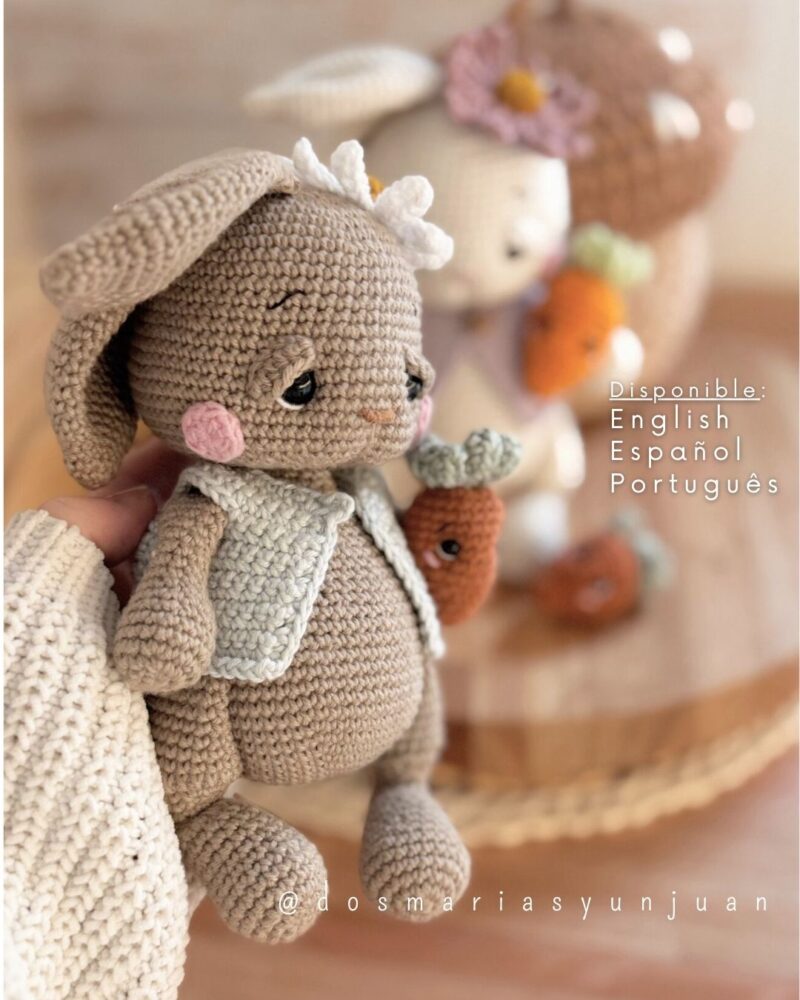 Crochet bunny amigurumi holding a carrot, with text showing availability in English, Spanish, and Portuguese.
