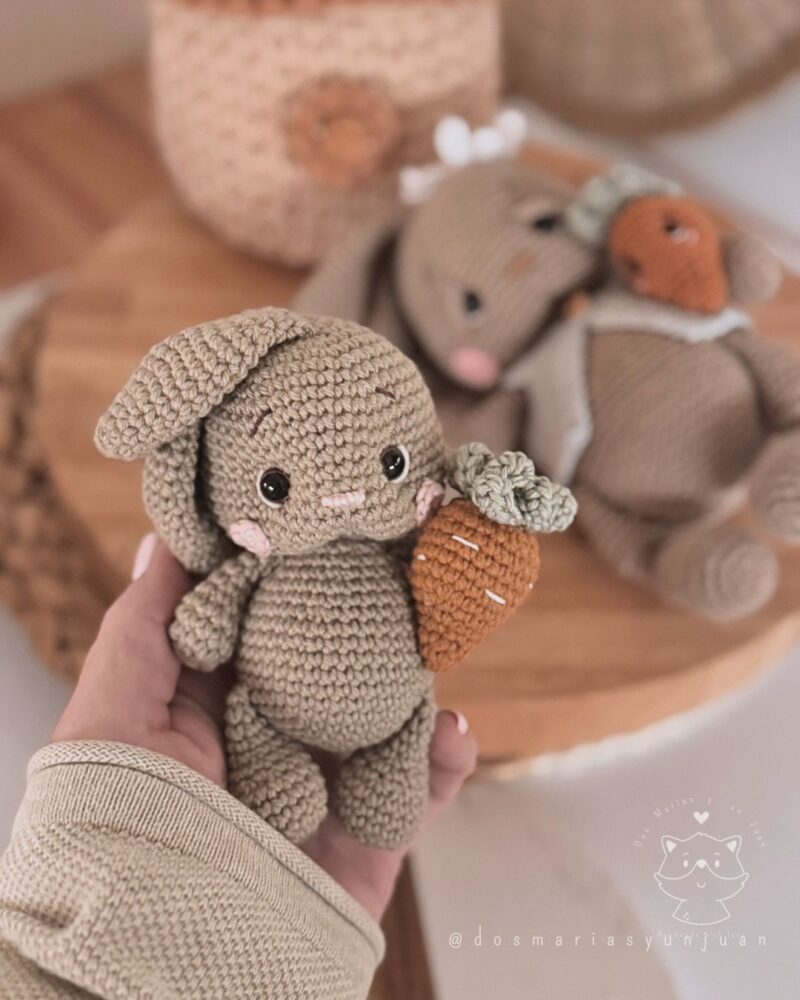 Brown cotton crochet bunny with carrot held in hand, other bunnies blurred in background