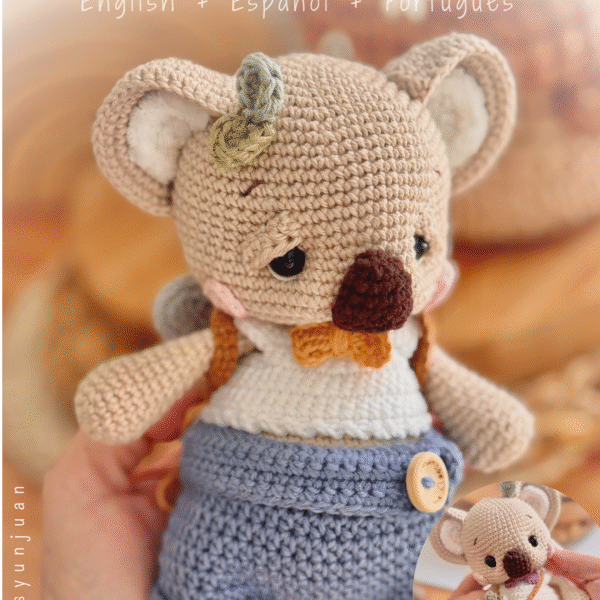 Crochet koala backpack pattern in English, Spanish and Portuguese – handmade amigurumi by Dos Marías y un Juan