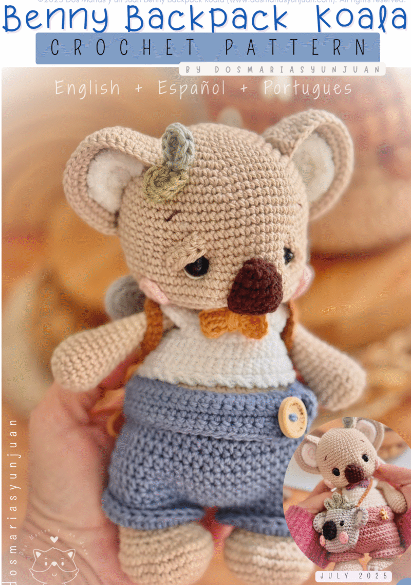 Crochet koala backpack pattern in English, Spanish and Portuguese – handmade amigurumi by Dos Marías y un Juan