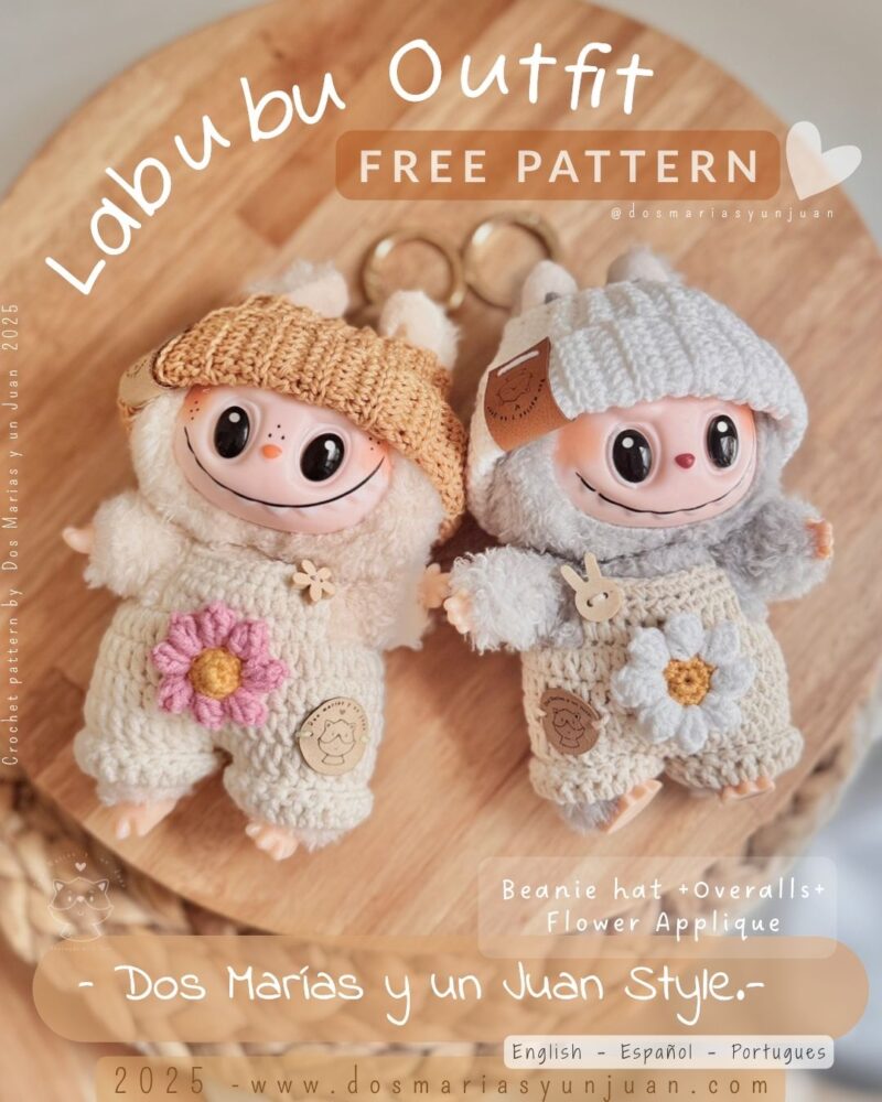 Two Labubu dolls wearing handmade crochet outfits with beanies, overalls, and flower appliques — Dos Marías y un Juan design.