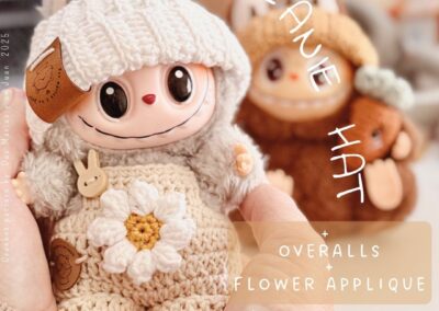 Labubu crochet outfit with flower and hat – free pattern by Dos Marías y un Juan