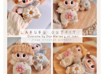 Labubu crochet outfit free pattern collage pictures