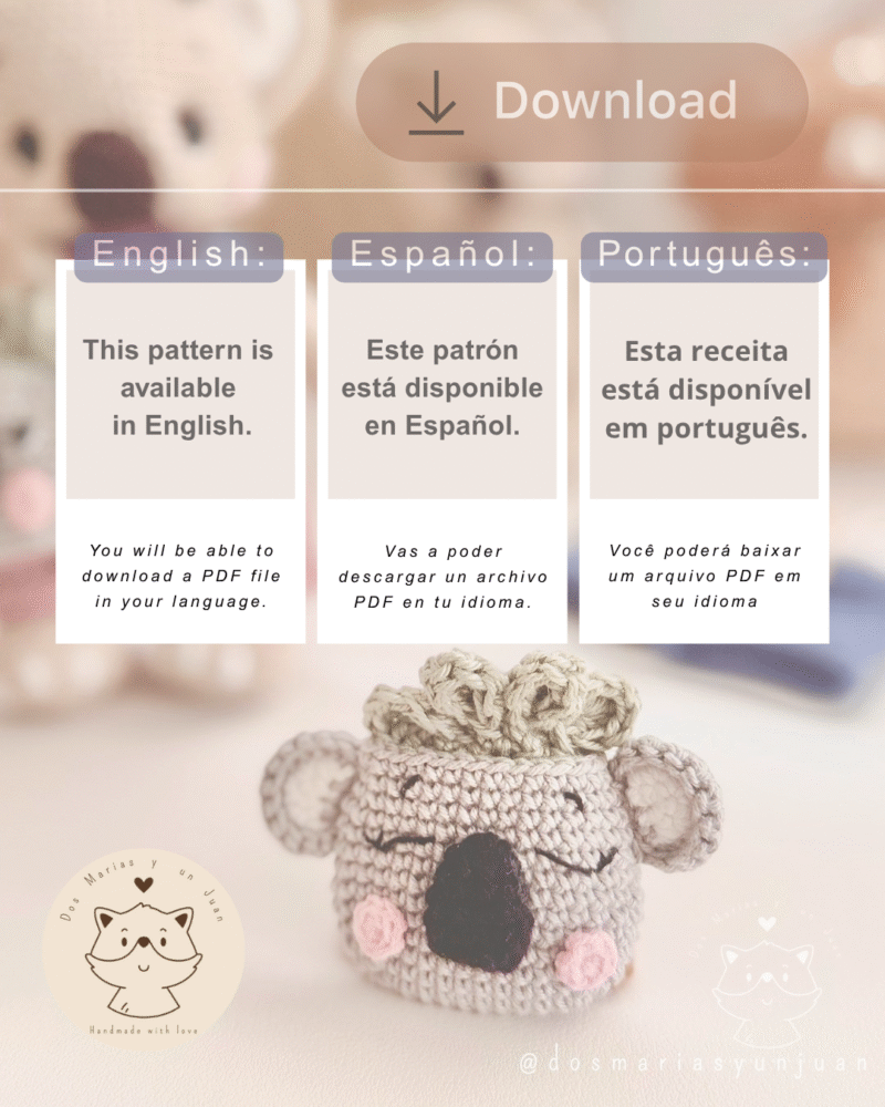 This amigurumi crochet pattern is available in English, Spanish, and Portuguese. Includes 3 downloadable PDF files — one per language.