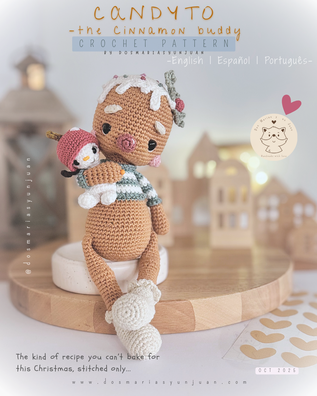 Crochet amigurumi gingerbread doll holding a tiny snowy penguin. Christmas scene in soft neutral tones.