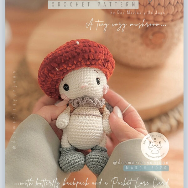 Handmade mushroom amigurumi crochet toy held in hands, Arthur Butter-Wings pattern by Dos Marías y un Juan, digital PDF