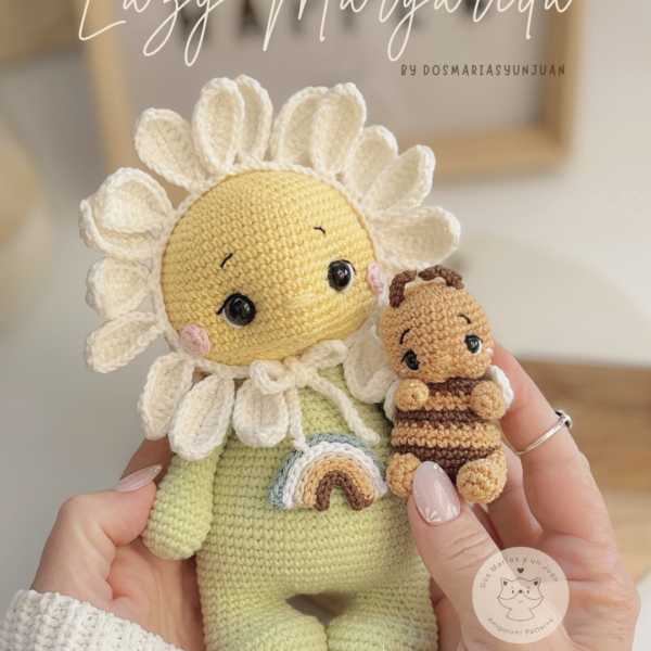 Lazy Margarida and Bee Buddy amigurumi crochet pattern showing a handmade daisy doll with removable petal crown, tiny crochet bee friend and rainbow appliqué.