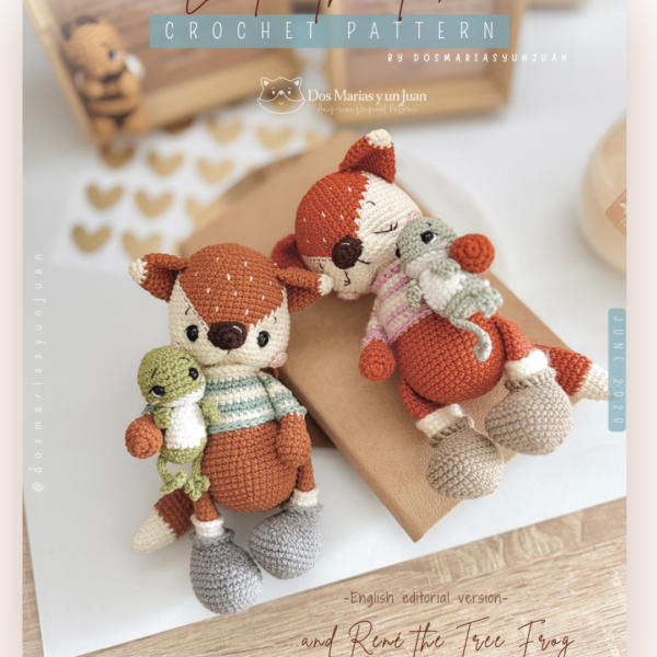 Amigurumi fox and tree frog crochet pattern cover — Emilio the Fox holding René the Tree Frog, and a sleepy fox variant with a mouse companion, styled on a wooden surface with soft neutral tones.