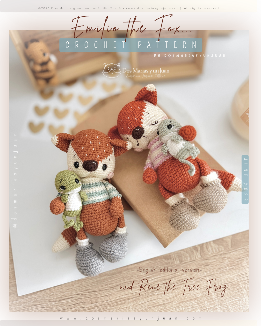 Amigurumi fox and tree frog crochet pattern cover — Emilio the Fox holding René the Tree Frog, and a sleepy fox variant with a mouse companion, styled on a wooden surface with soft neutral tones.