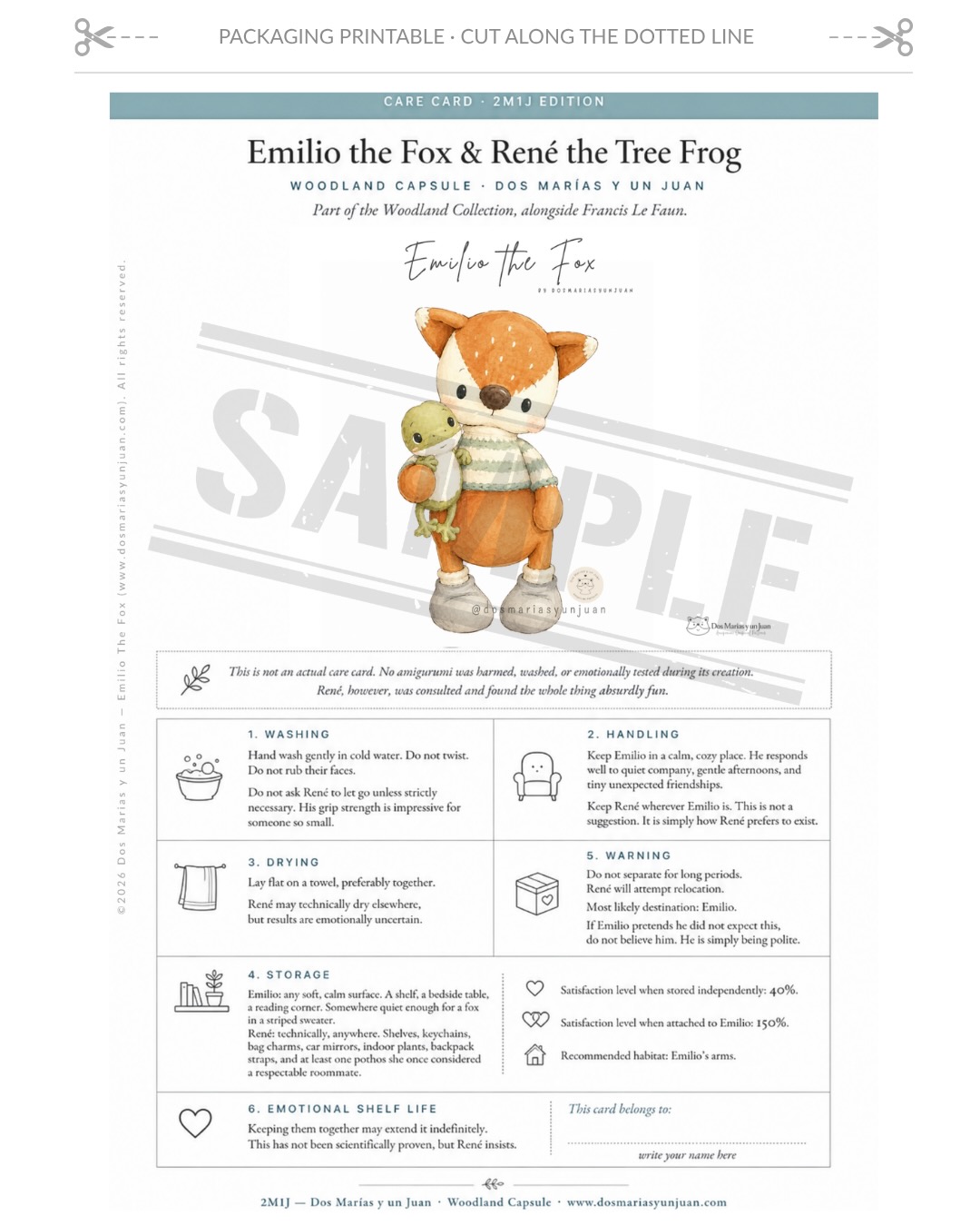 Sample of the printable care card included with the Emilio the Fox and René the Tree Frog amigurumi crochet pattern — washing, handling, drying, storage, warning and emotional shelf-life sections illustrated with watercolor icons.