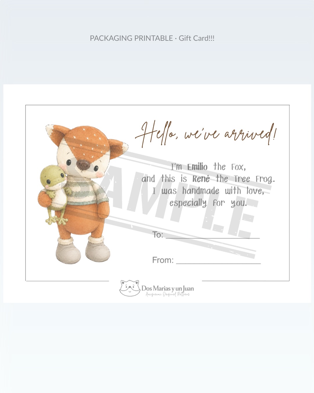 Sample of the printable gift card included with the Emilio the Fox and René the Tree Frog amigurumi crochet pattern, featuring a watercolor illustration of Emilio holding René and blank fields for recipient and sender.